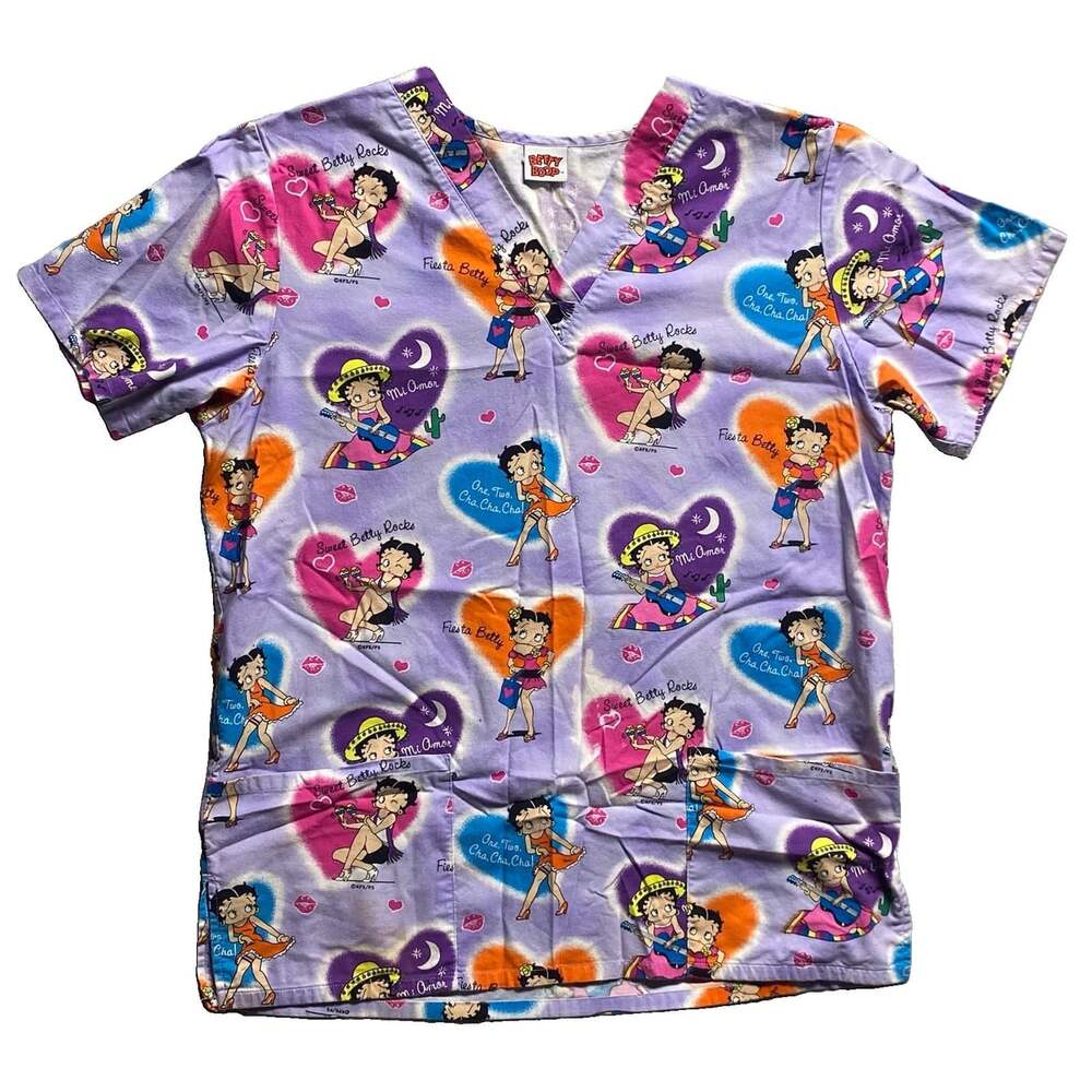Vintage 2005 Betty Boop Scrub Top Womens L Fiesta Mi Amor Purple Medical Uniform